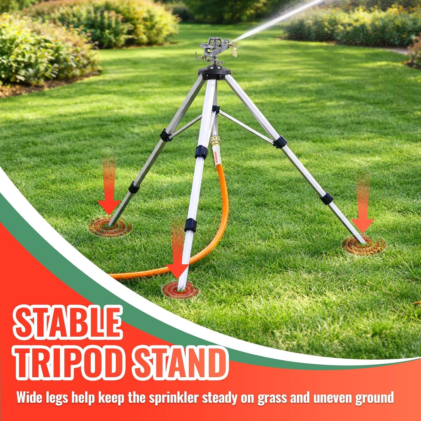 2 Pcs Impact Sprinkler on Adjustable Tripod Base, 360 Degree Large Area, Heavy Duty Adjustable Pulsator Sprinkler for Lawn, Yard and Grass Irrigation, Spray up to 20-90ft