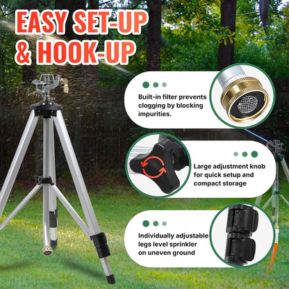 2 Pcs Impact Sprinkler on Adjustable Tripod Base, 360 Degree Large Area, Heavy Duty Adjustable Pulsator Sprinkler for Lawn, Yard and Grass Irrigation, Spray up to 20-90ft