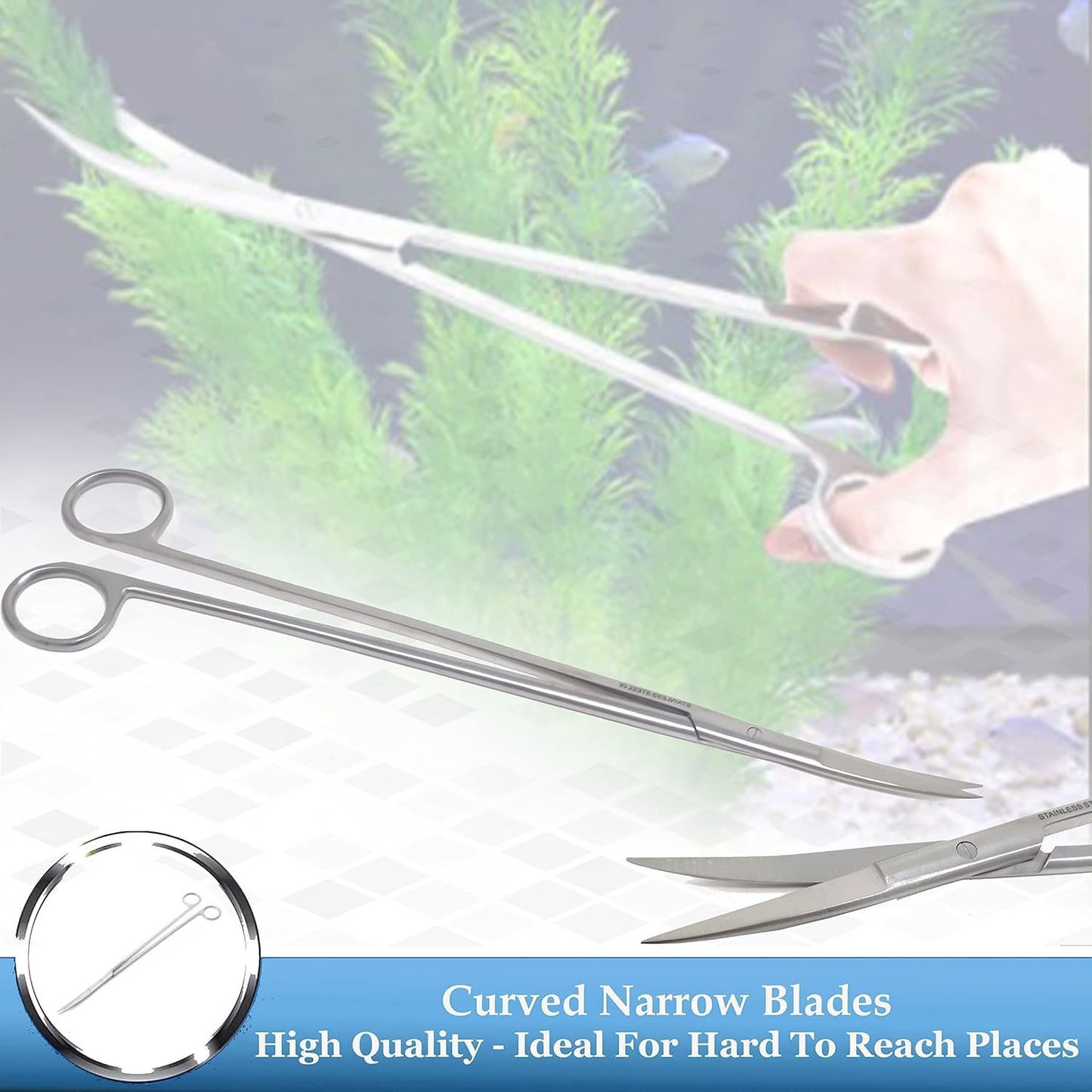 12" Stainless Steel Aquarium Scissors, Curved Long Aquatic Plant Trimming Scissors for Aquascaping, Fish Tank & Terrarium Maintenance in Fresh & Salt Water (Silver)