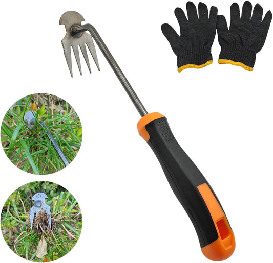 Weed Tool,Garden Weeder Puller Tool with Handle Manual Hand Weeder Tool 4 Teeth Dual Purpose Weeder High Strength Garden Weed Removal Tool for Garden Yard Farm (Rubber Handle)