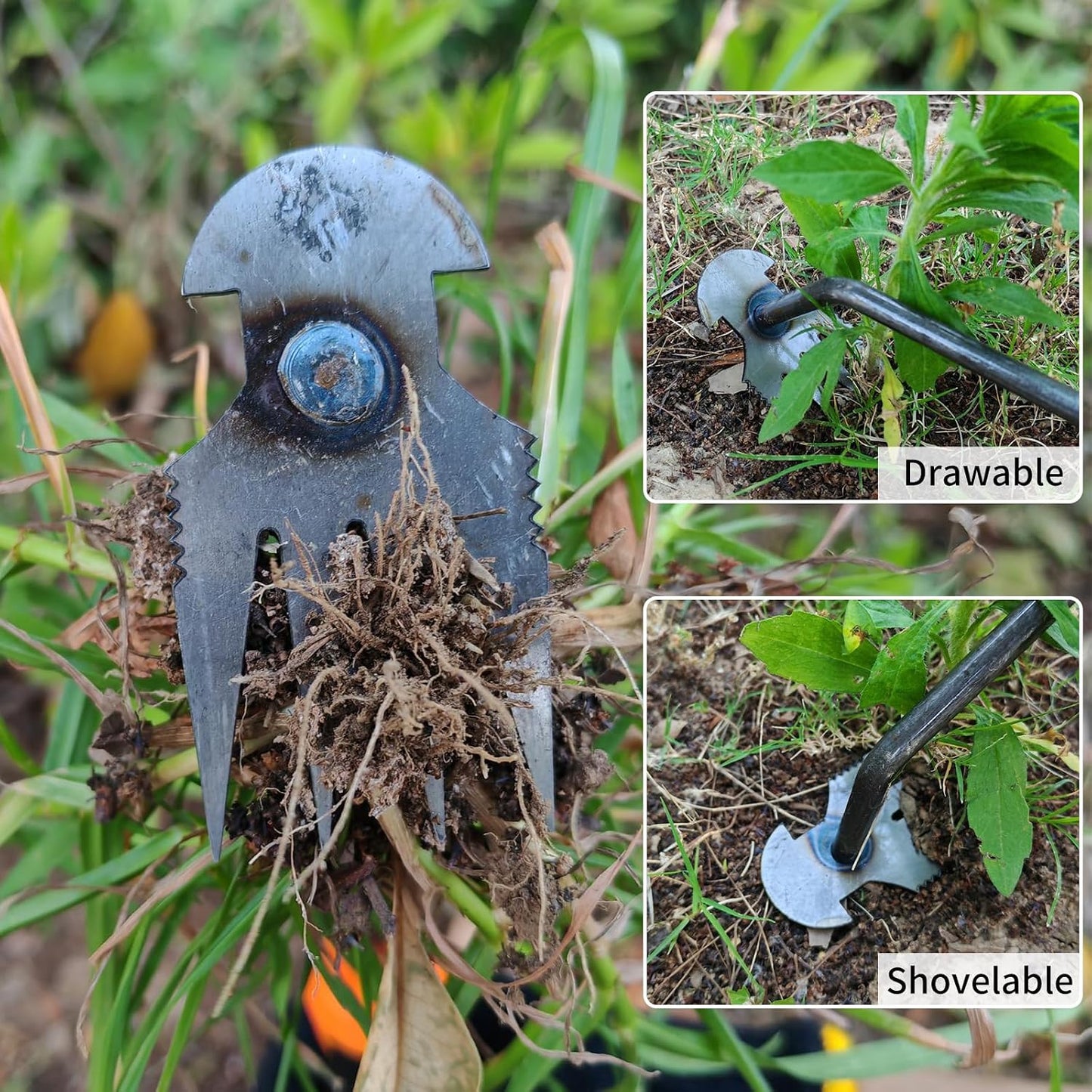 Weed Tool,Garden Weeder Puller Tool with Handle Manual Hand Weeder Tool 4 Teeth Dual Purpose Weeder High Strength Garden Weed Removal Tool for Garden Yard Farm (Rubber Handle)
