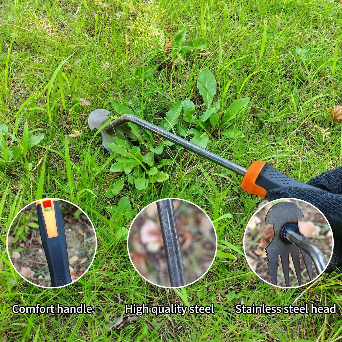 Weed Tool,Garden Weeder Puller Tool with Handle Manual Hand Weeder Tool 4 Teeth Dual Purpose Weeder High Strength Garden Weed Removal Tool for Garden Yard Farm (Rubber Handle)