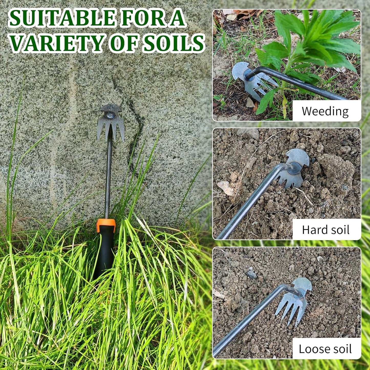 Weed Tool,Garden Weeder Puller Tool with Handle Manual Hand Weeder Tool 4 Teeth Dual Purpose Weeder High Strength Garden Weed Removal Tool for Garden Yard Farm (Rubber Handle)