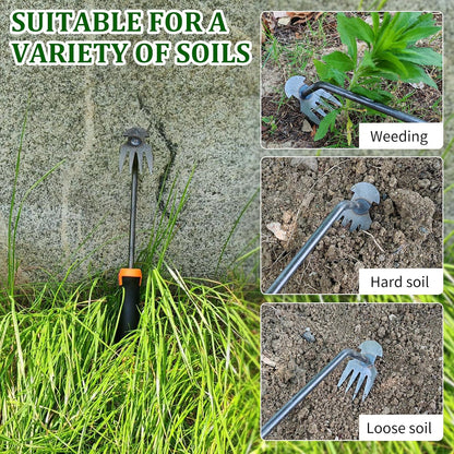 Weed Tool,Garden Weeder Puller Tool with Handle Manual Hand Weeder Tool 4 Teeth Dual Purpose Weeder High Strength Garden Weed Removal Tool for Garden Yard Farm (Rubber Handle)