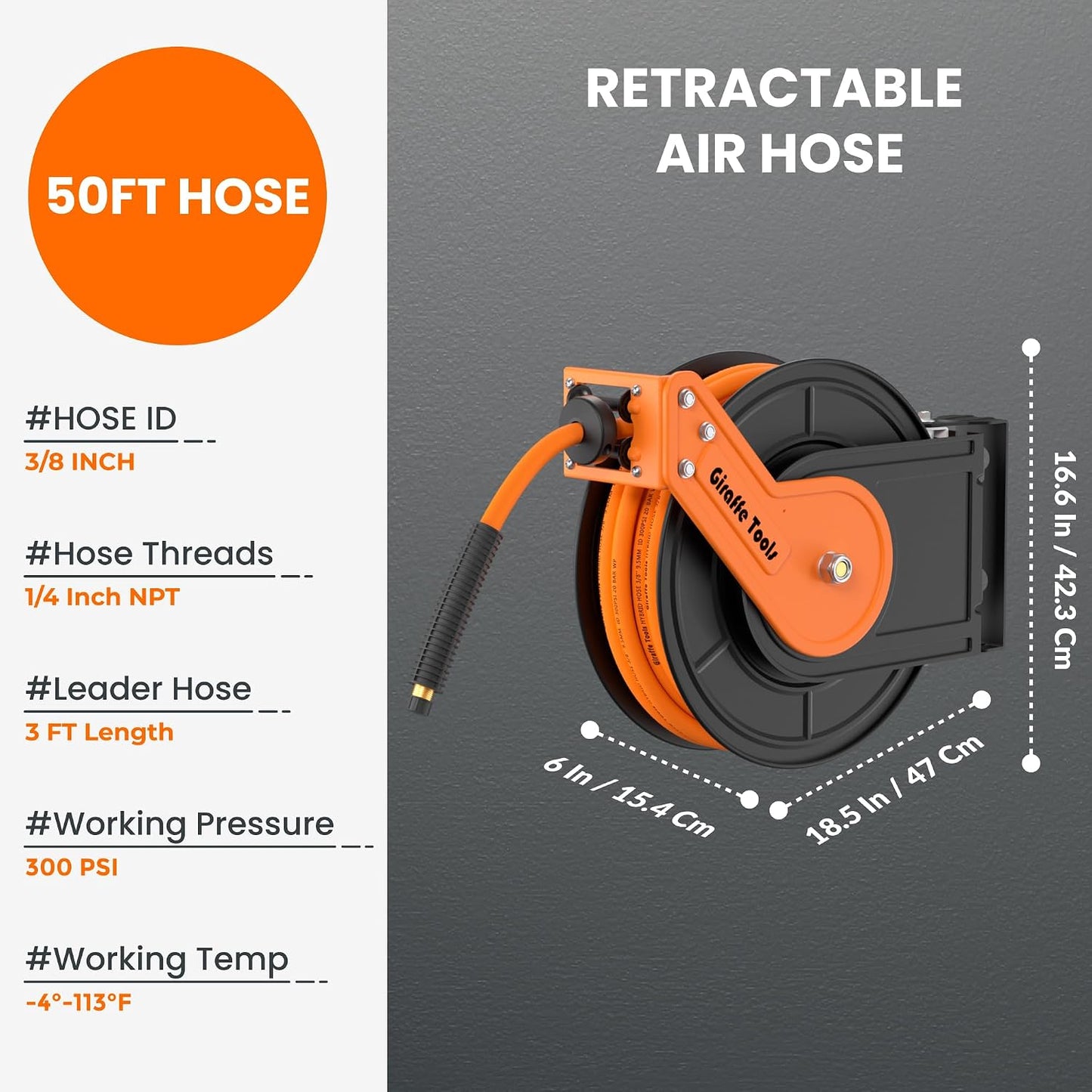 TA15 Retractable Air Hose Reel, 3/8" x 50ft, Open Steel
