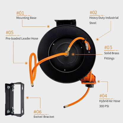 TA15 Retractable Air Hose Reel, 3/8" x 50ft, Open Steel