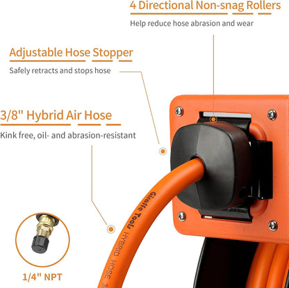 TA15 Retractable Air Hose Reel, 3/8" x 50ft, Open Steel