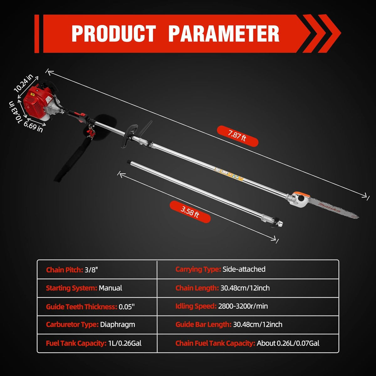 42.7CC Gas Powered Pole Saw Two-stroke Saw Tree Trimmer 11ft Pole High Reach Pole Pruner for Tree Limb Branches Pruning