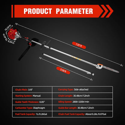 42.7CC Gas Powered Pole Saw Two-stroke Saw Tree Trimmer 11ft Pole High Reach Pole Pruner for Tree Limb Branches Pruning