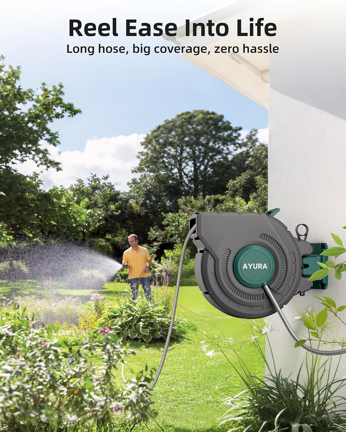 Retractable Garden Hose Reel 1/2 Inch x 100 ft,Automatic Slow Rewind System