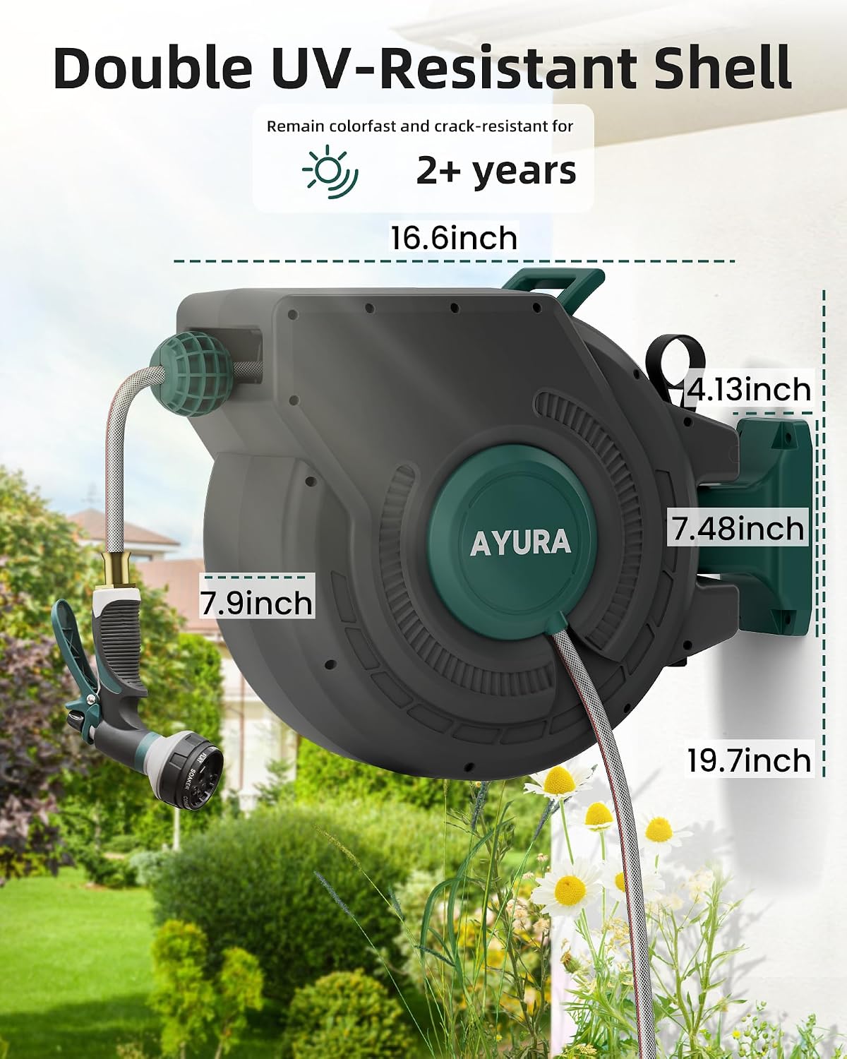 Retractable Garden Hose Reel 1/2 Inch x 100 ft,Automatic Slow Rewind System