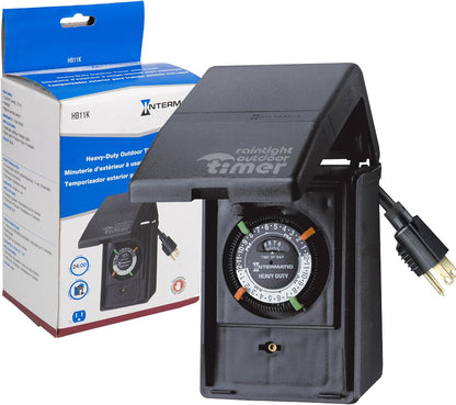 HB11K Heavy-Duty Outdoor Plug-in Timer – 2 ON/2 Off Settings, 30-Min Minimum Intervals, Weatherproof Flip Cover, 15A/1800W, 1 HP Rated, 13" Cord – Ideal for Pool Pumps, Lights, Decorations