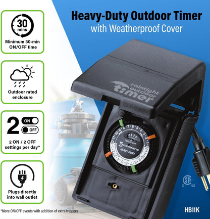 HB11K Heavy-Duty Outdoor Plug-in Timer – 2 ON/2 Off Settings, 30-Min Minimum Intervals, Weatherproof Flip Cover, 15A/1800W, 1 HP Rated, 13" Cord – Ideal for Pool Pumps, Lights, Decorations