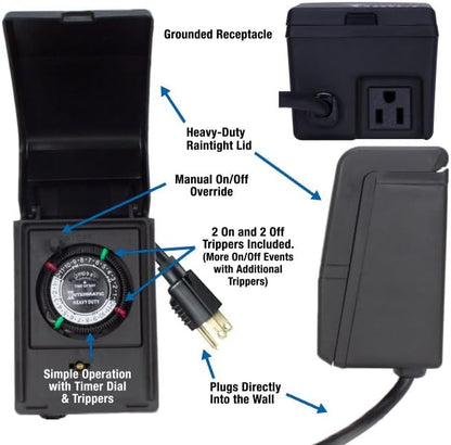 HB11K Heavy-Duty Outdoor Plug-in Timer – 2 ON/2 Off Settings, 30-Min Minimum Intervals, Weatherproof Flip Cover, 15A/1800W, 1 HP Rated, 13" Cord – Ideal for Pool Pumps, Lights, Decorations