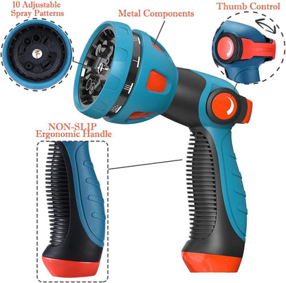 Garden Hose Spray Nozzle - 10 Adjustable Patterns Metal High Pressure Hose Nozzle with Thumb Control Design, Hose Sprayer for Garden & Lawns Watering, Cleaning, Pets & Car Washing
