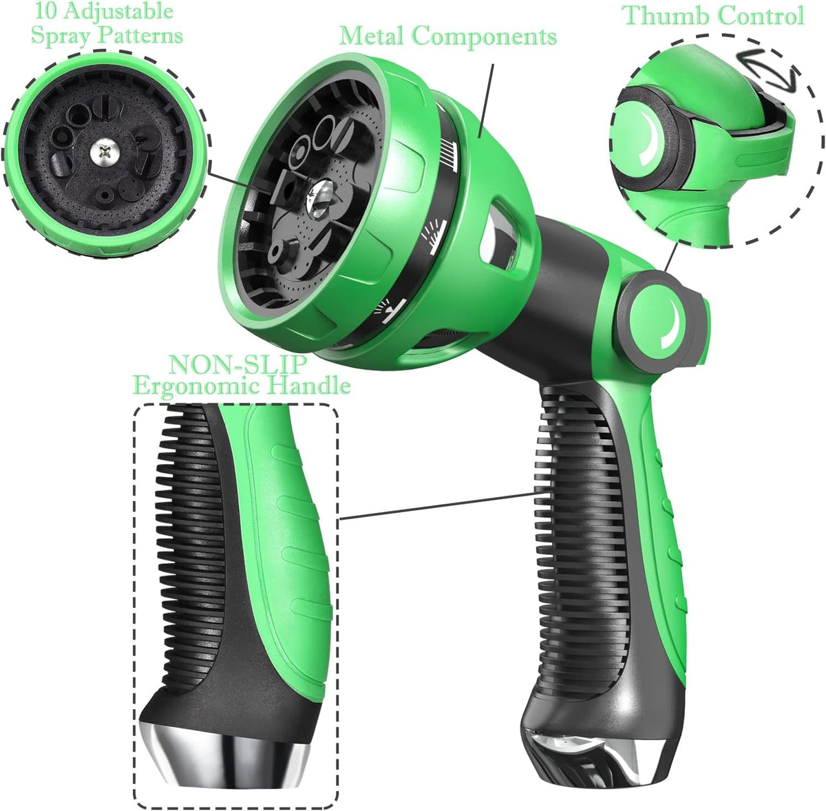 Garden Hose Spray Nozzle - 10 Adjustable Patterns Metal High Pressure Hose Nozzle with Thumb Control Design, Hose Sprayer for Garden & Lawns Watering, Cleaning, Pets & Car Washing