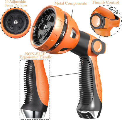 Garden Hose Spray Nozzle - 10 Adjustable Patterns Metal High Pressure Hose Nozzle with Thumb Control Design, Hose Sprayer for Garden & Lawns Watering, Cleaning, Pets & Car Washing