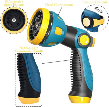 Garden Hose Spray Nozzle - 10 Adjustable Patterns Metal High Pressure Hose Nozzle with Thumb Control Design, Hose Sprayer for Garden & Lawns Watering, Cleaning, Pets & Car Washing