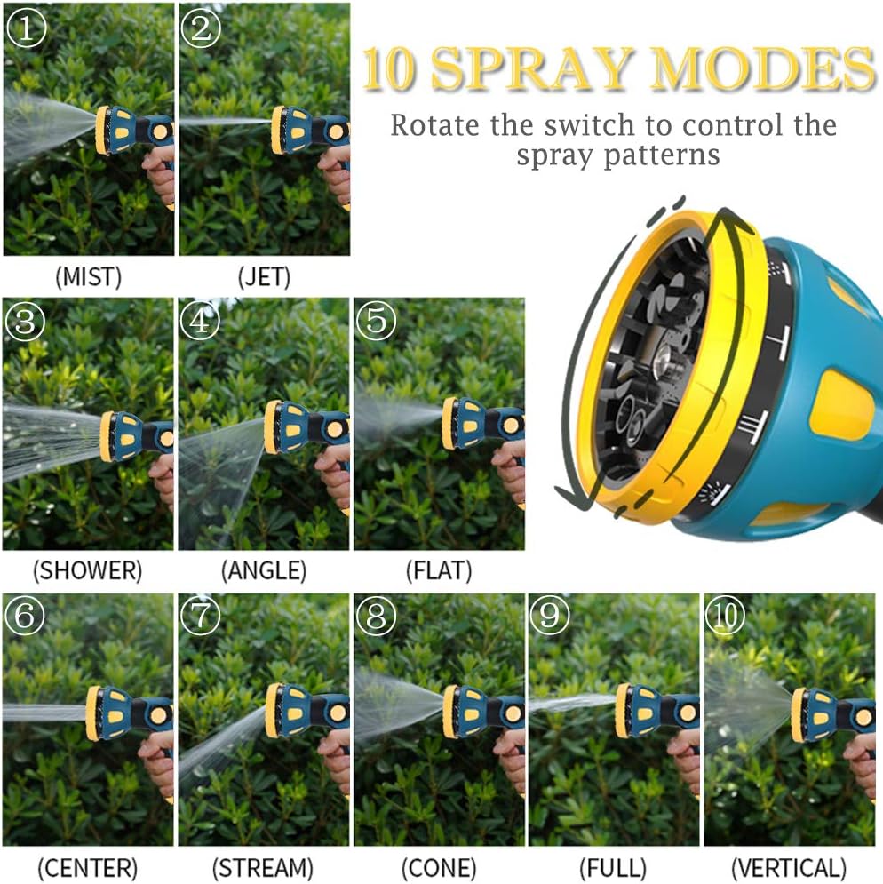Garden Hose Spray Nozzle - 10 Adjustable Patterns Metal High Pressure Hose Nozzle with Thumb Control Design, Hose Sprayer for Garden & Lawns Watering, Cleaning, Pets & Car Washing