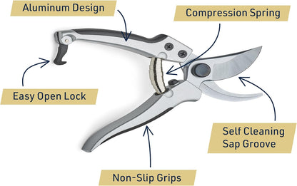 Bypass Pruning Shears for Gardening - 8” Heavy Duty Garden Shears - Spring-Loaded Snap Catch and Ergonomic Grips - Ultra Sharp Rust Resistant Trimming Scissors - Gardening Tools