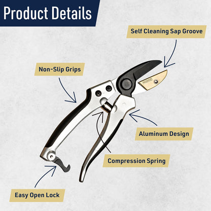 Bypass Pruning Shears for Gardening - 8” Heavy Duty Garden Shears - Spring-Loaded Snap Catch and Ergonomic Grips - Ultra Sharp Rust Resistant Trimming Scissors - Gardening Tools