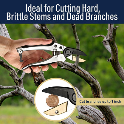 Bypass Pruning Shears for Gardening - 8” Heavy Duty Garden Shears - Spring-Loaded Snap Catch and Ergonomic Grips - Ultra Sharp Rust Resistant Trimming Scissors - Gardening Tools