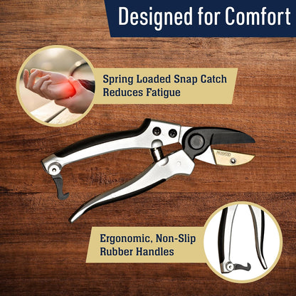 Bypass Pruning Shears for Gardening - 8” Heavy Duty Garden Shears - Spring-Loaded Snap Catch and Ergonomic Grips - Ultra Sharp Rust Resistant Trimming Scissors - Gardening Tools