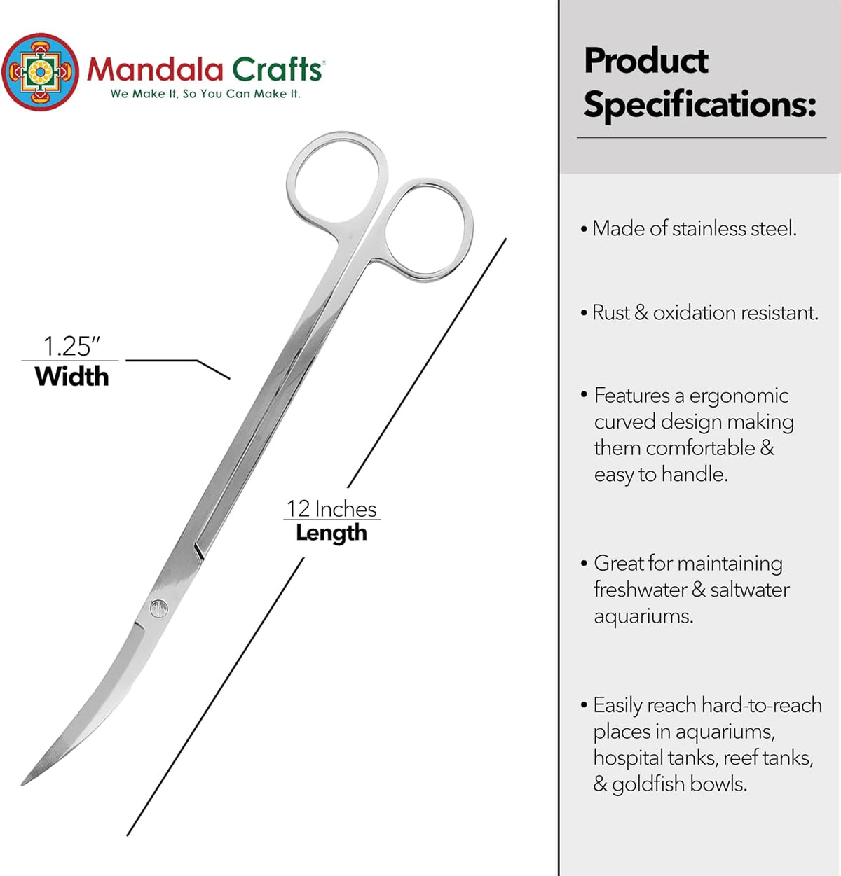 Stainless Steel 12" Curved Aquarium Scissors for Fish Tanks