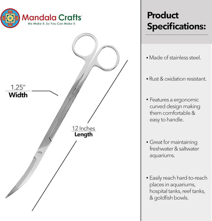 Stainless Steel 12" Curved Aquarium Scissors for Fish Tanks