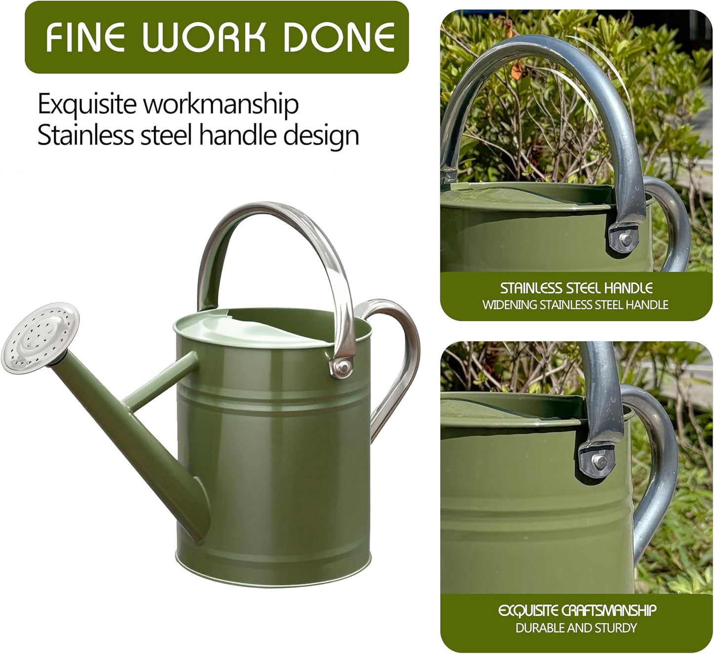 Metal Watering Can 1 Gallon for Outdoor Garden Plants, Green