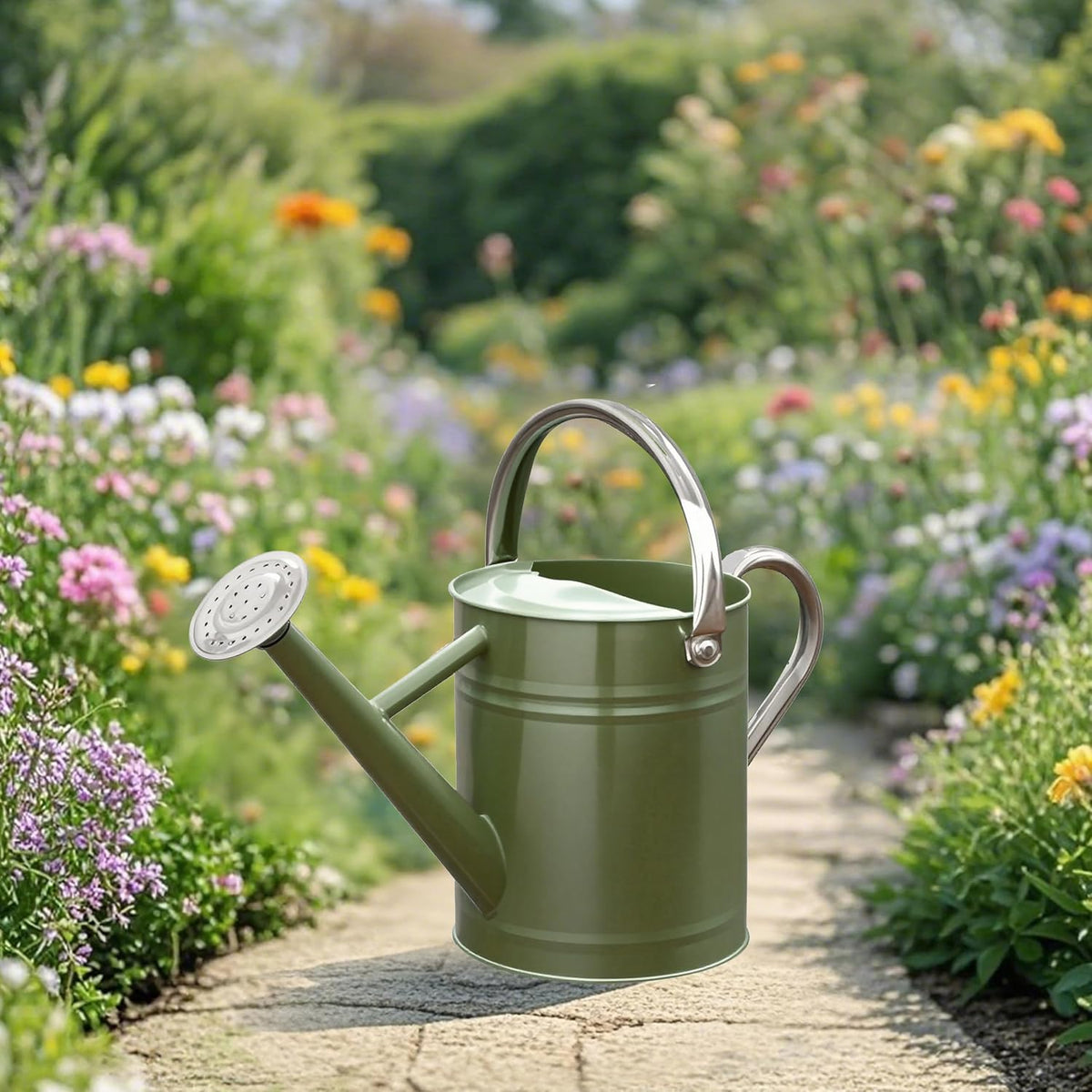 Metal Watering Can 1 Gallon for Outdoor Garden Plants, Green