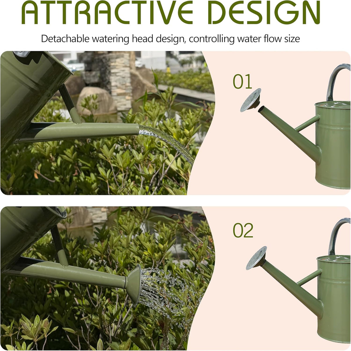 Metal Watering Can 1 Gallon for Outdoor Garden Plants, Green