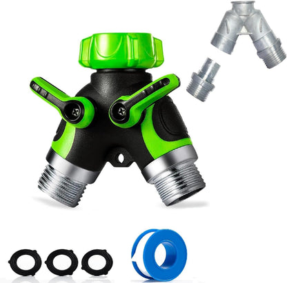 Premium 3/4" Heavy Duty 2 Way Hose Splitter Leakproof Full Metal Body Faucet Spigot Splitter Easy Long Handles with Extra Fittings and Teflon