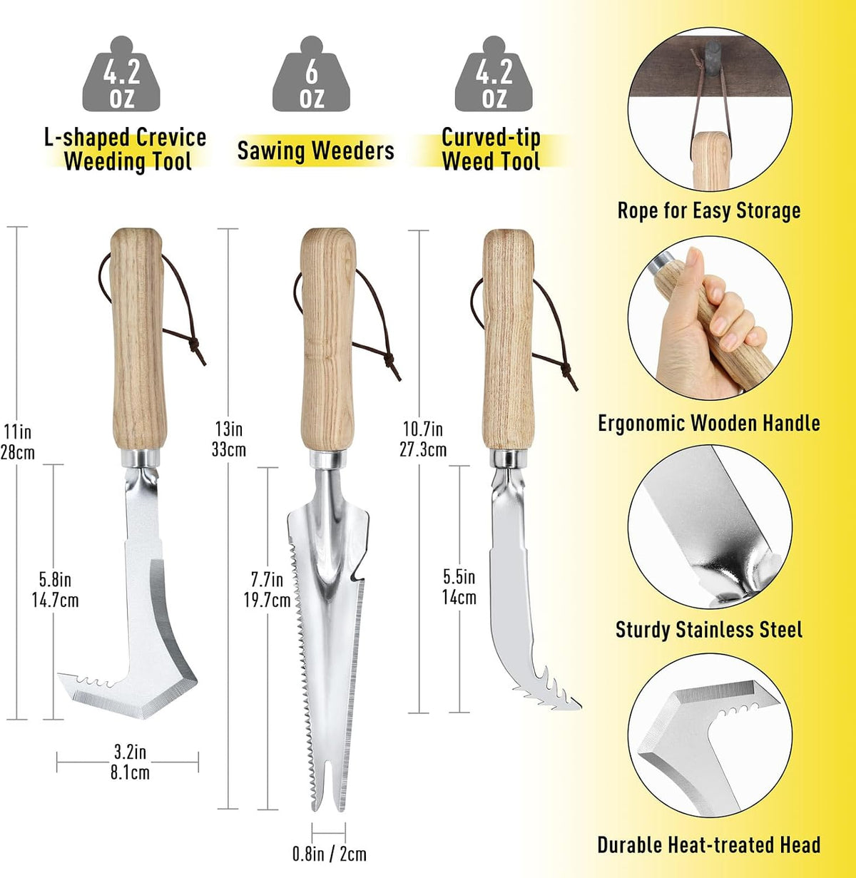 Weed Puller Tools Set, 3 Pack Hand Crack Weeder, Stainless Heat Treated Steel Weed Root Remover with Ergonomic Handle, Multi-Purpose Weeding Tools for Lawn Garden Patio & Yard