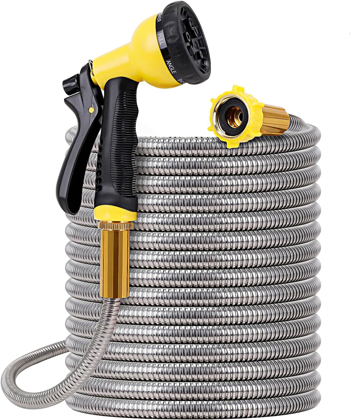 Metal Garden Hose 50FT - Stainless Steel Heavy Duty Water Hose with Metal Nozzle & 8 Function Sprayer, Portable & Lightweight Kink Free Yard Hose, Outdoor Hose