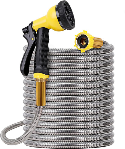Metal Garden Hose 50FT - Stainless Steel Heavy Duty Water Hose with Metal Nozzle & 8 Function Sprayer, Portable & Lightweight Kink Free Yard Hose, Outdoor Hose