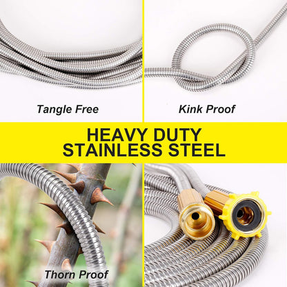 Metal Garden Hose 50FT - Stainless Steel Heavy Duty Water Hose with Metal Nozzle & 8 Function Sprayer, Portable & Lightweight Kink Free Yard Hose, Outdoor Hose