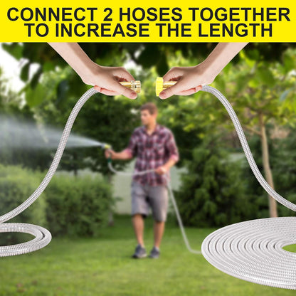 Metal Garden Hose 50FT - Stainless Steel Heavy Duty Water Hose with Metal Nozzle & 8 Function Sprayer, Portable & Lightweight Kink Free Yard Hose, Outdoor Hose