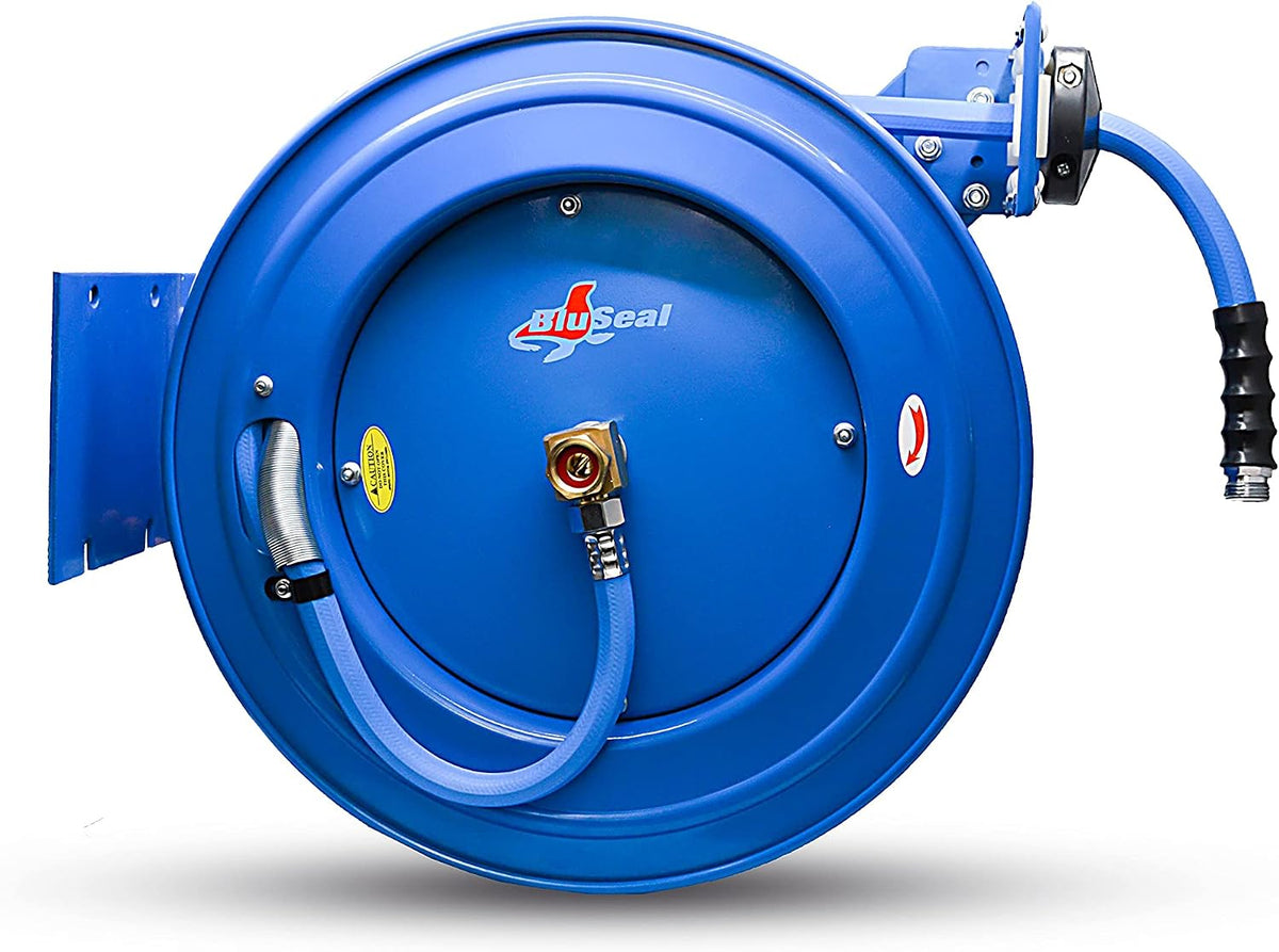 BLUSEAL BSWR1250HRS Retractable Hose Reel with 1/2" x 50' Hot Water Rubber Hose, 6' Lead-in, Hose Reel Swivel Mount, 9 Pattern Spray Nozzle