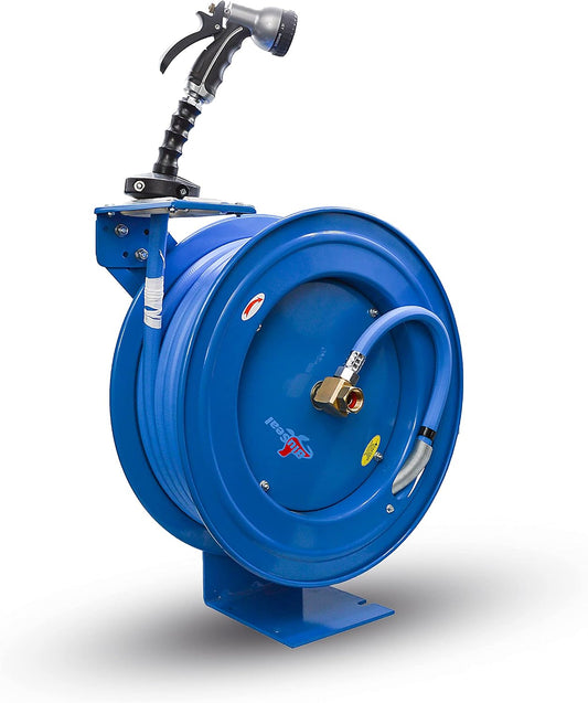 BLUSEAL BSWR1250HRS Retractable Hose Reel with 1/2" x 50' Hot Water Rubber Hose, 6' Lead-in, Hose Reel Swivel Mount, 9 Pattern Spray Nozzle