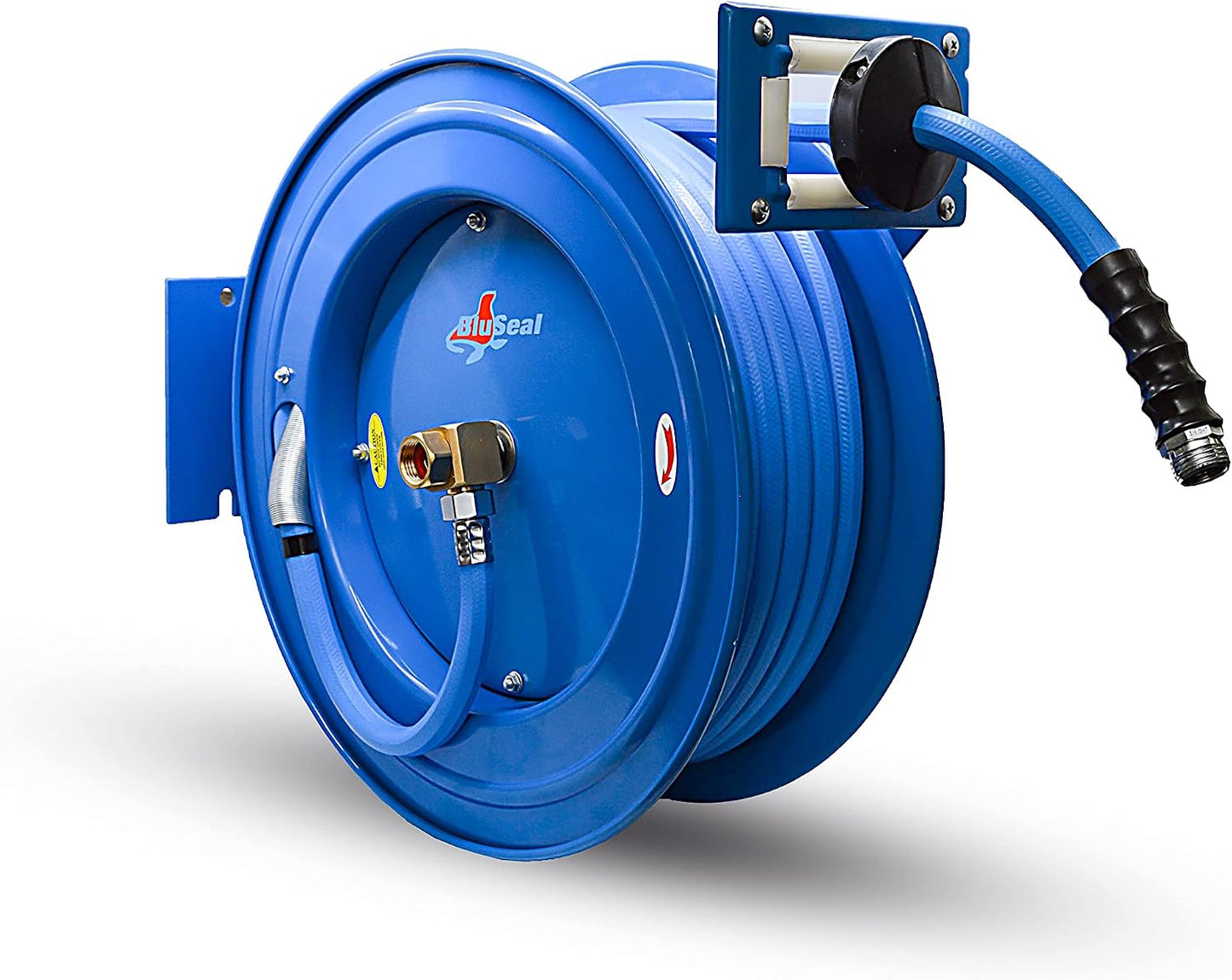BLUSEAL BSWR1250HRS Retractable Hose Reel with 1/2" x 50' Hot Water Rubber Hose, 6' Lead-in, Hose Reel Swivel Mount, 9 Pattern Spray Nozzle