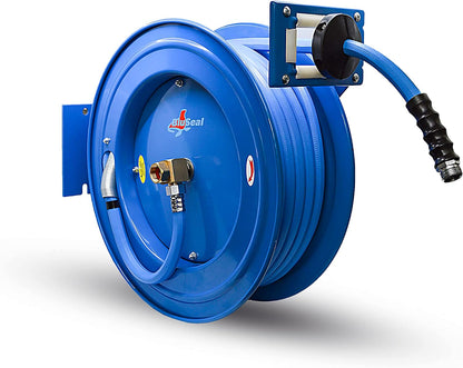 BLUSEAL BSWR1250HRS Retractable Hose Reel with 1/2" x 50' Hot Water Rubber Hose, 6' Lead-in, Hose Reel Swivel Mount, 9 Pattern Spray Nozzle