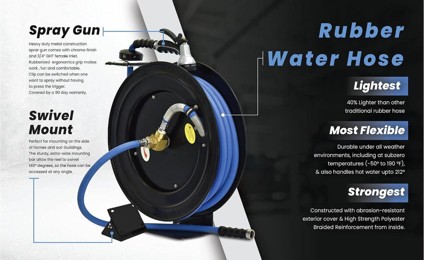 BLUSEAL BSWR1250HRS Retractable Hose Reel with 1/2" x 50' Hot Water Rubber Hose, 6' Lead-in, Hose Reel Swivel Mount, 9 Pattern Spray Nozzle