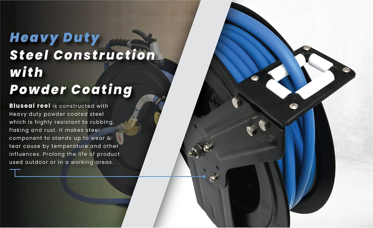 BLUSEAL BSWR1250HRS Retractable Hose Reel with 1/2" x 50' Hot Water Rubber Hose, 6' Lead-in, Hose Reel Swivel Mount, 9 Pattern Spray Nozzle
