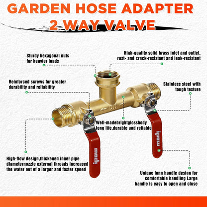 Upgrade Full Flow Garden Hose Splitter with Stainless Steel Handle, Brass Heavy Duty 2 Way Y Valve Garden Hose Splitter High Flow Spigot Splitter + 6 Rubber Hose Washers with Comfort Grip Use