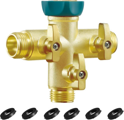 Upgrade Full Flow Garden Hose Splitter with Stainless Steel Handle, Brass Heavy Duty 2 Way Y Valve Garden Hose Splitter High Flow Spigot Splitter + 6 Rubber Hose Washers with Comfort Grip Use