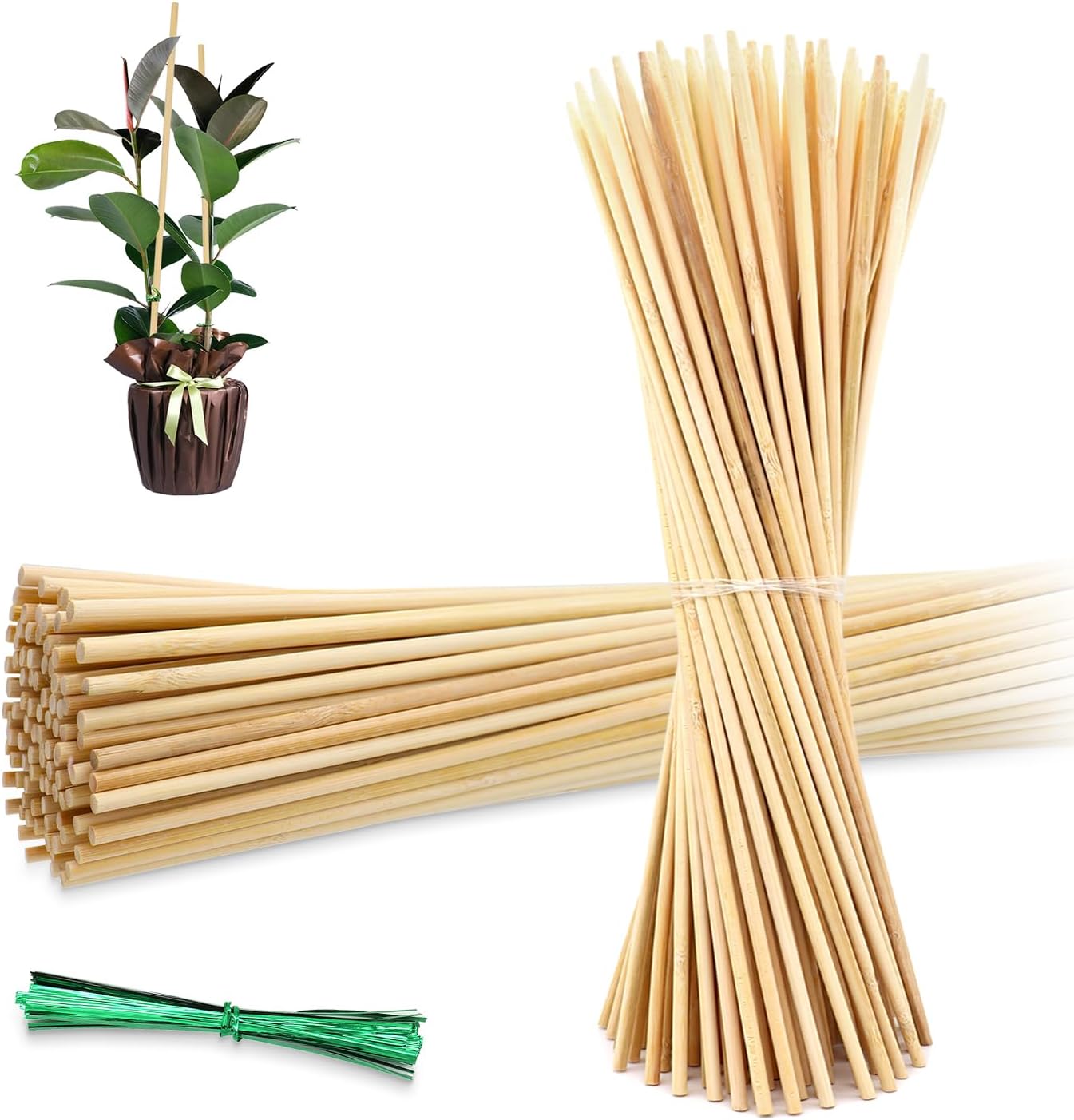 Plant Stakes 25Pcs,15IN Green Bamboo Sticks With25 Green Ties,Orchid Sticks