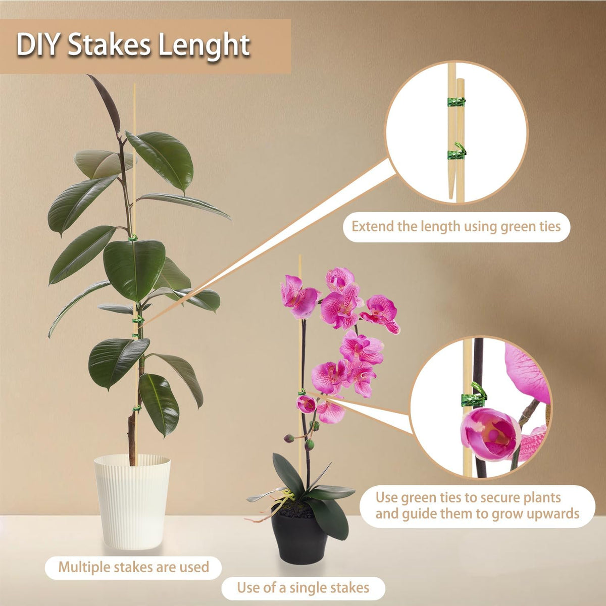 Plant Stakes 25Pcs,15IN Green Bamboo Sticks With25 Green Ties,Orchid Sticks