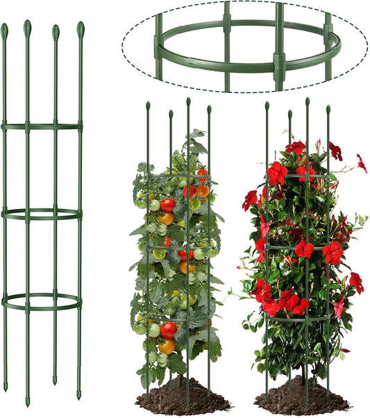 Round Heavy Duty Tomato Cage - 55 Inch Steel Core Plastic Coated Garden Trellis, 4-Post Rustproof Plant Support for Tomato/Cucumber/Beans, No Tools Snap Assembly, Spare Parts Available 1PS