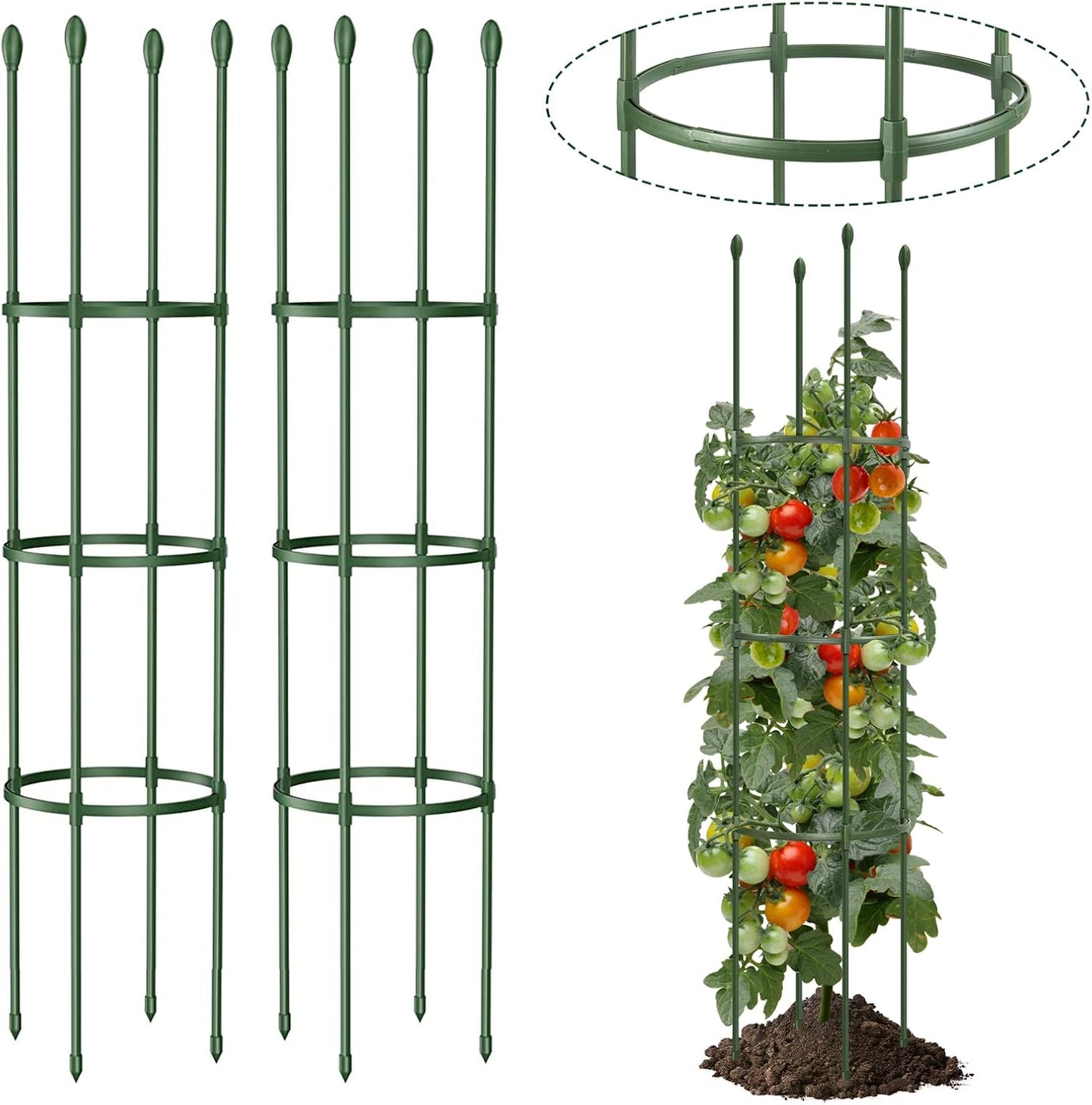 Round Heavy Duty Tomato Cage - 55 Inch Steel Core Plastic Coated Garden Trellis, 4-Post Rustproof Plant Support for Tomato/Cucumber/Beans, No Tools Snap Assembly, Spare Parts Available 1PS